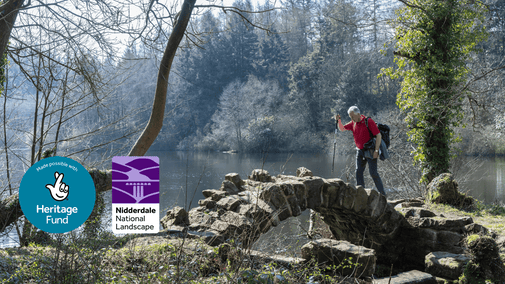 a man crossing the stone bridge at Eavestone Lake